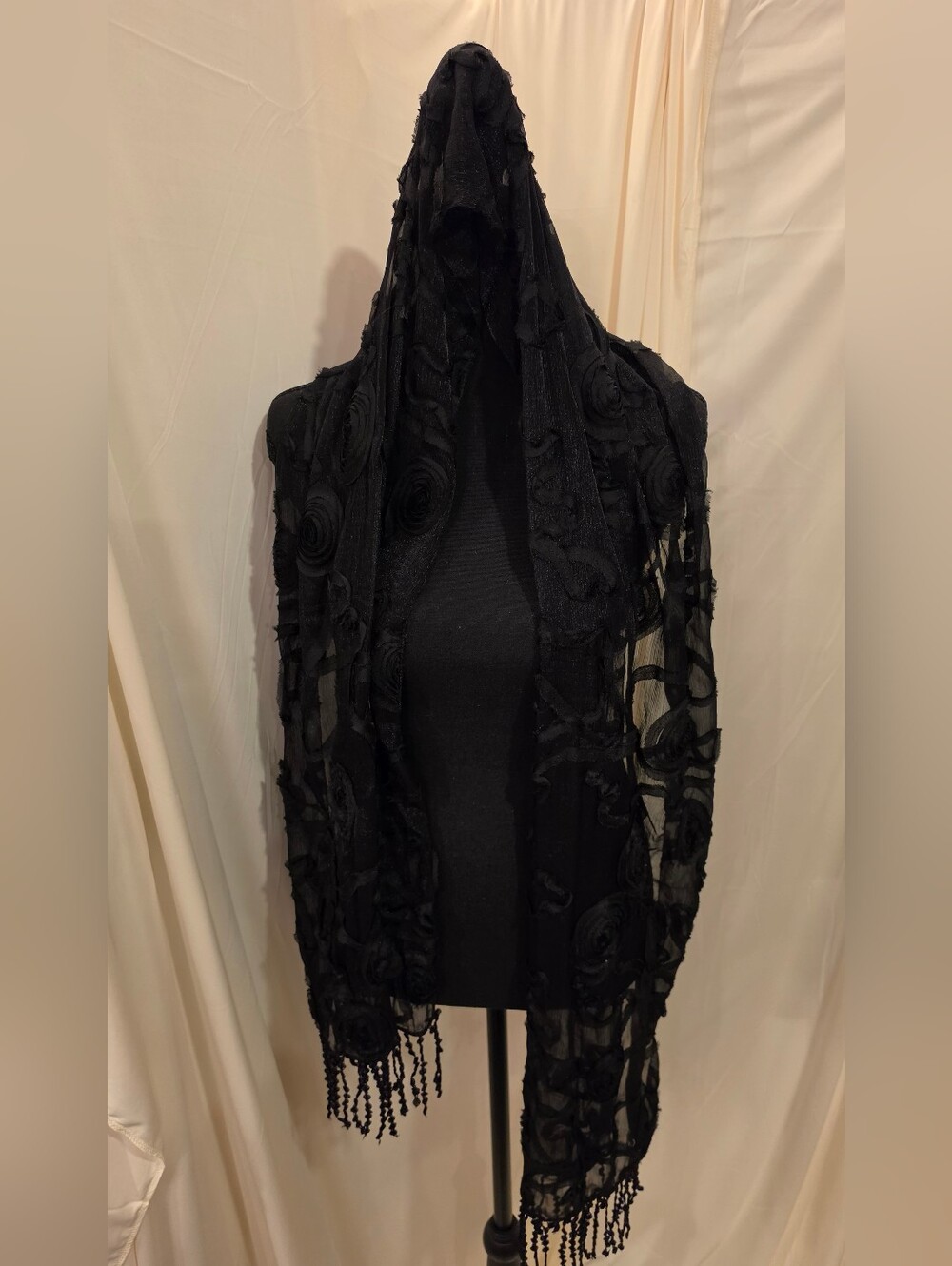 Black Sheer 3D Rosette Fringe Scarf Gothic Whimsigoth Evening Shawl Floral